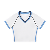 MIROLYUB Contrast Trim V-Neck Crop T-Shirt — White with Blue, front view