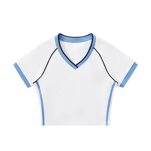 MIROLYUB Contrast Trim V-Neck Crop T-Shirt — White with Blue, front view