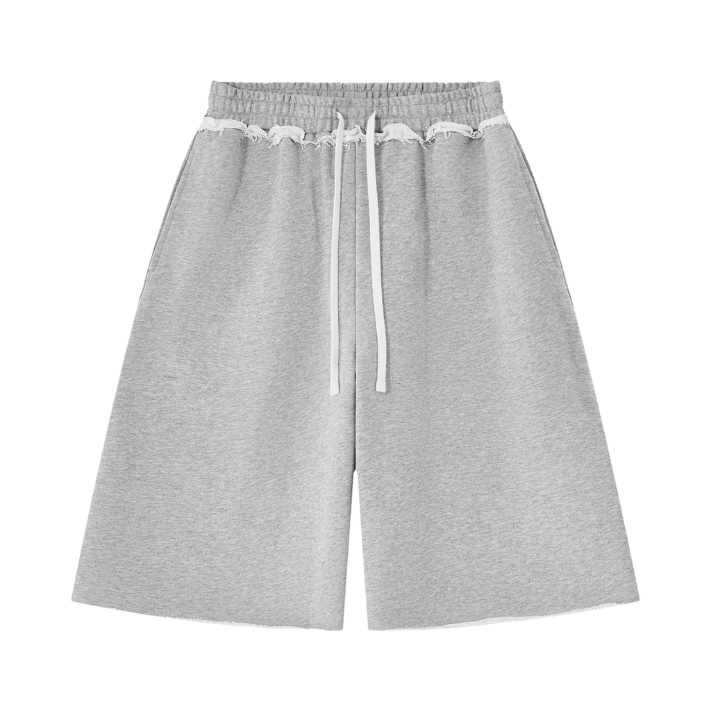 MIROLYUB Unisex Heavyweight Raw Edge Shorts — Flower Gray, front view
