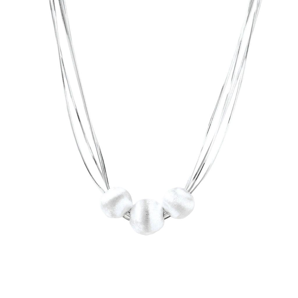 Borislav sterling silver necklace detail with three brushed round beads on polished multi-strand chains