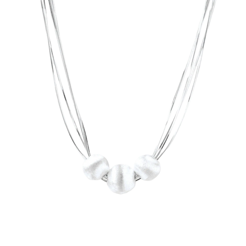 Borislav sterling silver necklace detail with three brushed round beads on polished multi-strand chains