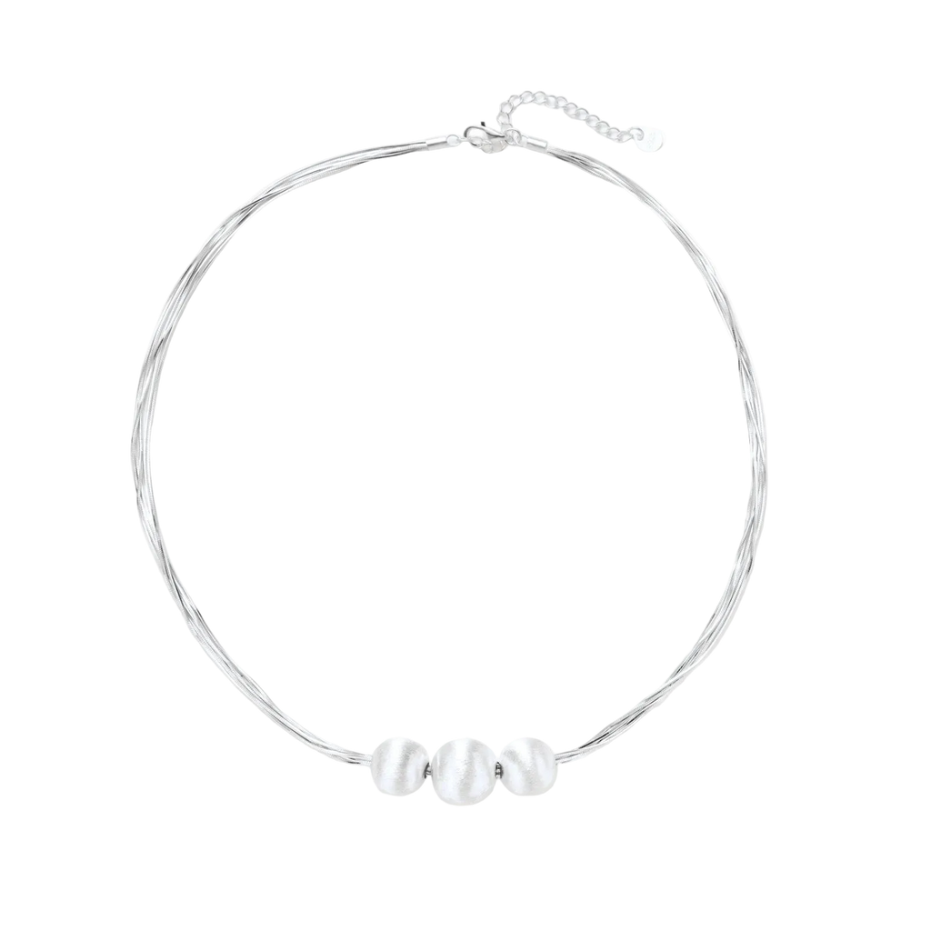 Full view of Borislav sterling silver multi-strand necklace with three round beads and an adjustable clasp