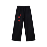 Front view of black straight-leg drawstring sweatpants with red Cyrillic New York lettering