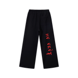 Back view of black straight-leg sweatpants with red Ne Yebyot Cyrillic lettering