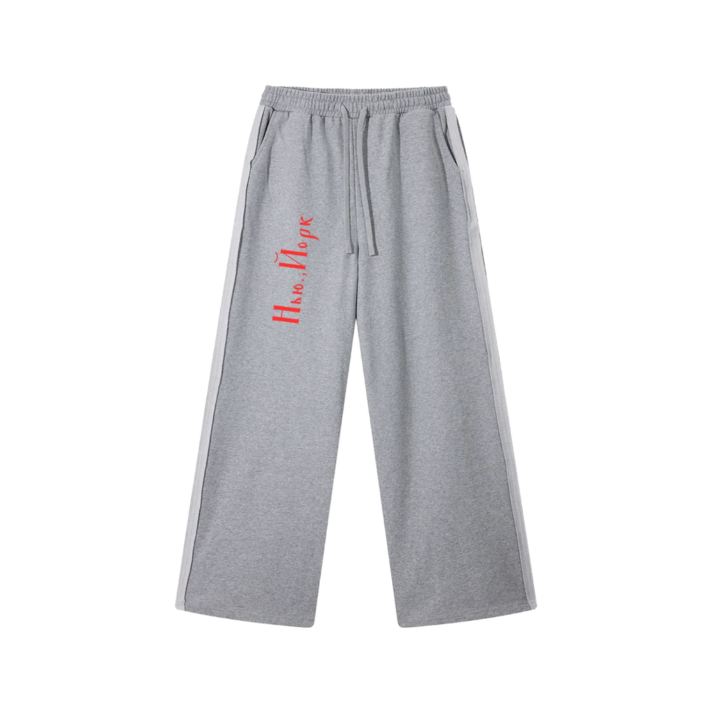 Front view of Flower Gray drawstring sweatpants with red New York Cyrillic lettering