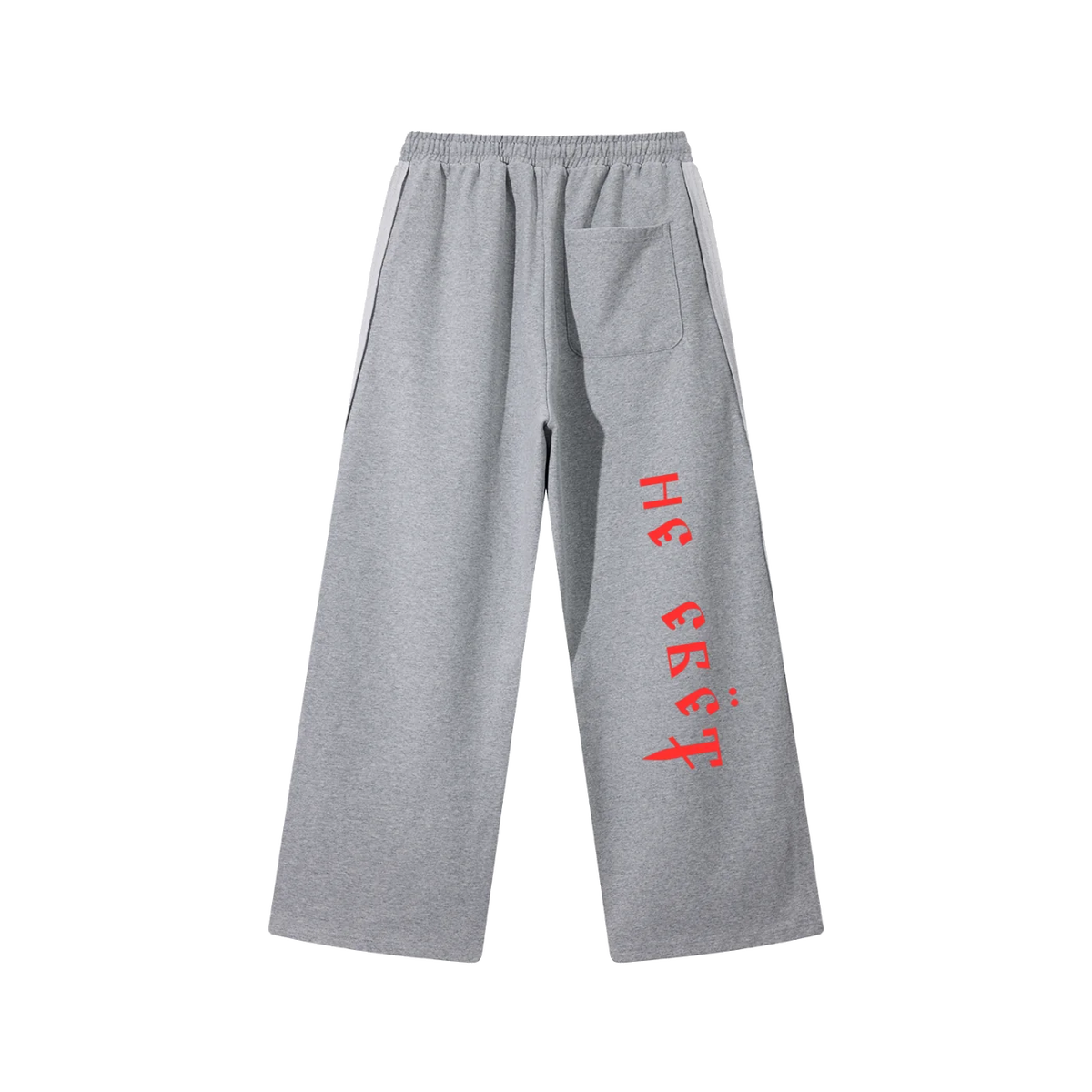 Back view of Flower Gray straight-leg sweatpants with red Ne Yebyot Cyrillic lettering