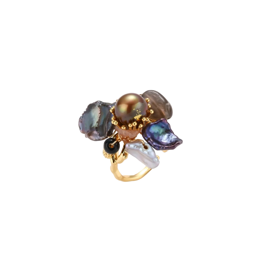 MIROLYUB Cveta Baroque Ring - gold ring with baroque pearl and mother-of-pearl petals
