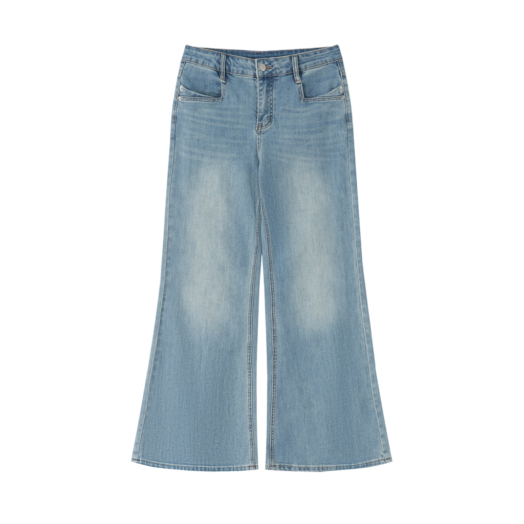 MIROLYUB Diverge flare-leg jeans in Blue, front view