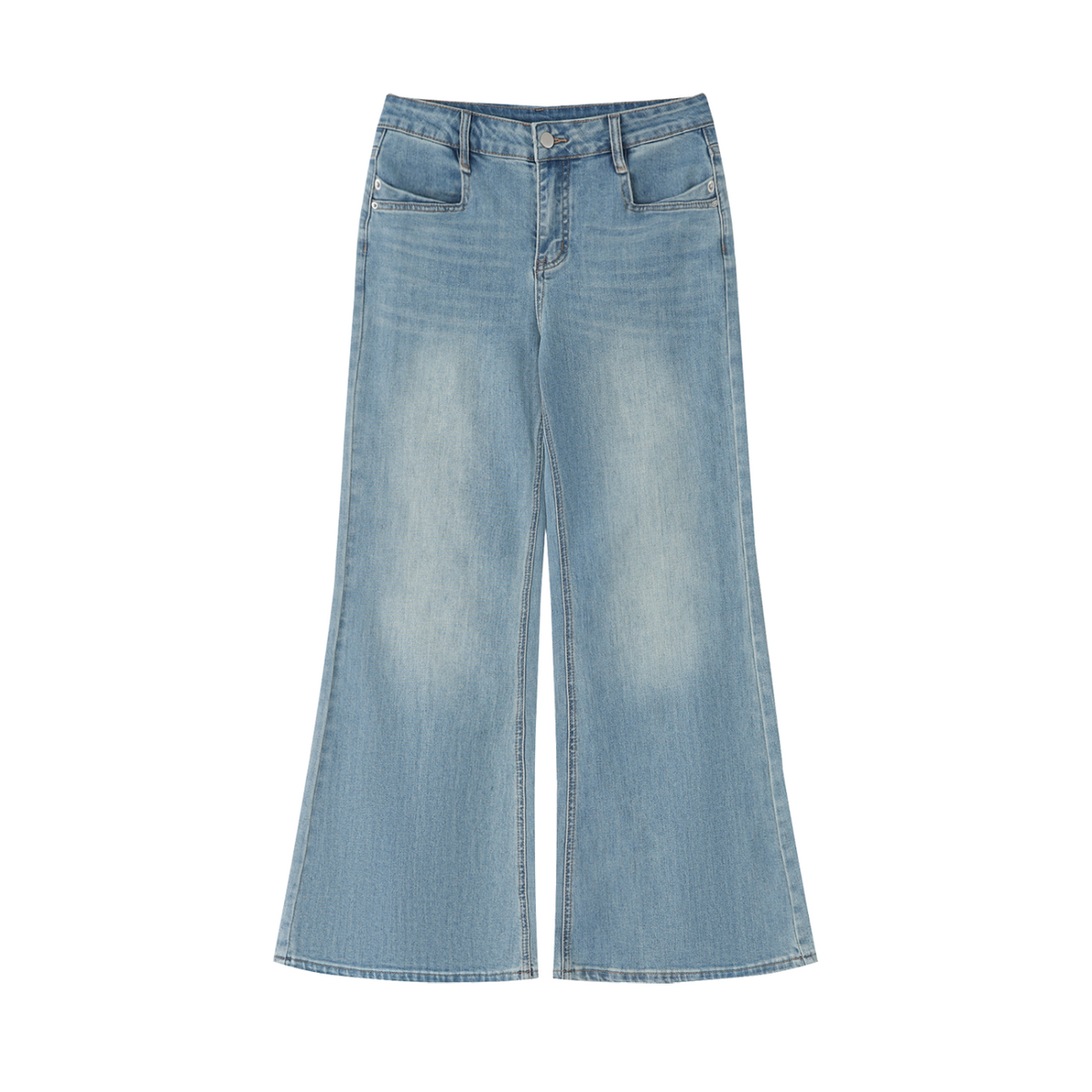 MIROLYUB Diverge flare-leg jeans in Blue, front view