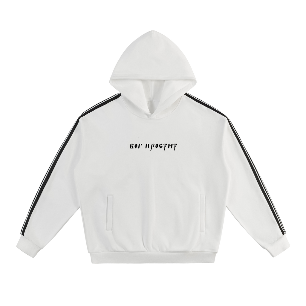 Front view of white hoodie with black sleeve stripes and God Forgives Cyrillic lettering