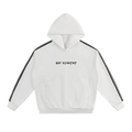 Front view of white hoodie with black sleeve stripes and God Forgives Cyrillic lettering