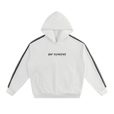 Front view of white hoodie with black sleeve stripes and God Forgives Cyrillic lettering