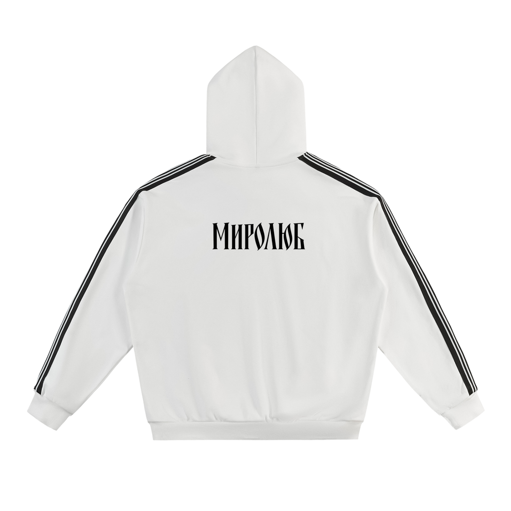 Back view of white hoodie with black sleeve stripes and MIROLYUB Cyrillic wordmark