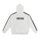Back view of white hoodie with black sleeve stripes and MIROLYUB Cyrillic wordmark