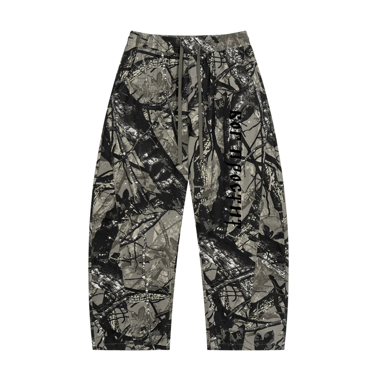 God Forgives — Tree Camo Barrel-Leg Pants by MIROLYUB – MIROLYUB New York streetwear pants, streetwear gift for him