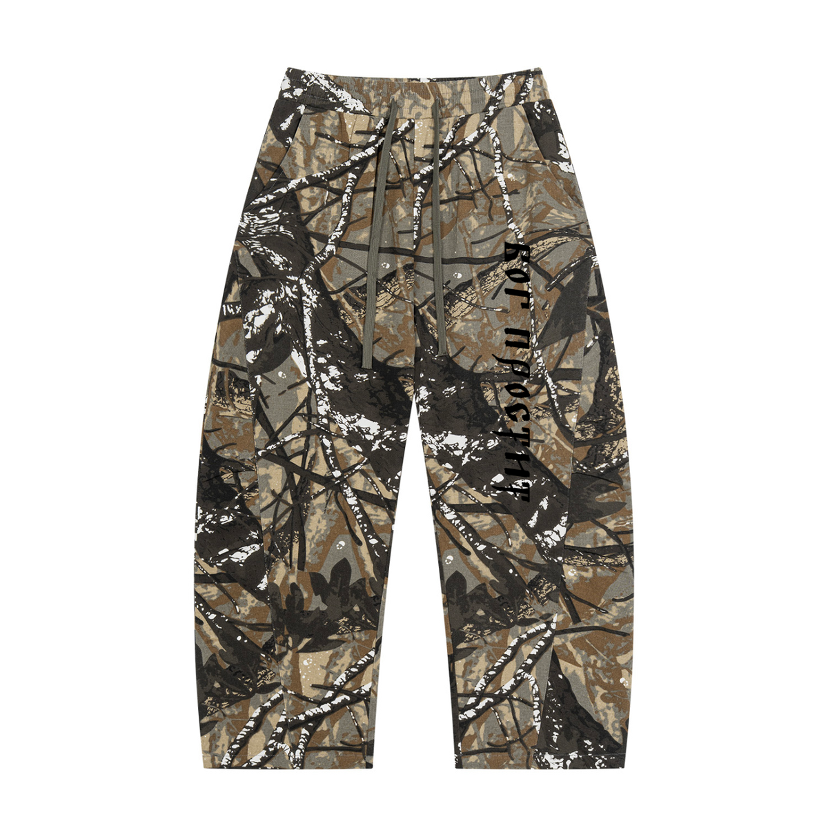 God Forgives — Tree Camo Barrel-Leg Pants by MIROLYUB – MIROLYUB New York streetwear pants, streetwear gift for him