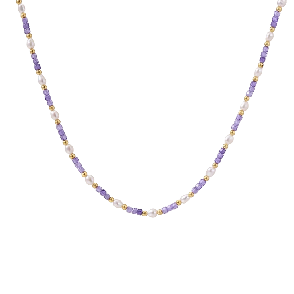 Ljubica necklace detail with white freshwater pearls, violet zirconia cubes and gold vermeil beads