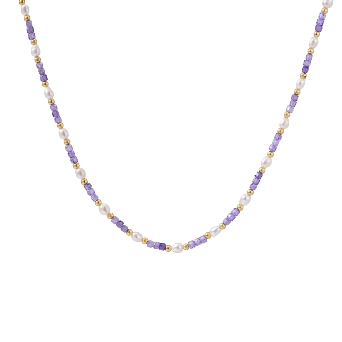 Ljubica necklace detail with white freshwater pearls, violet zirconia cubes and gold vermeil beads