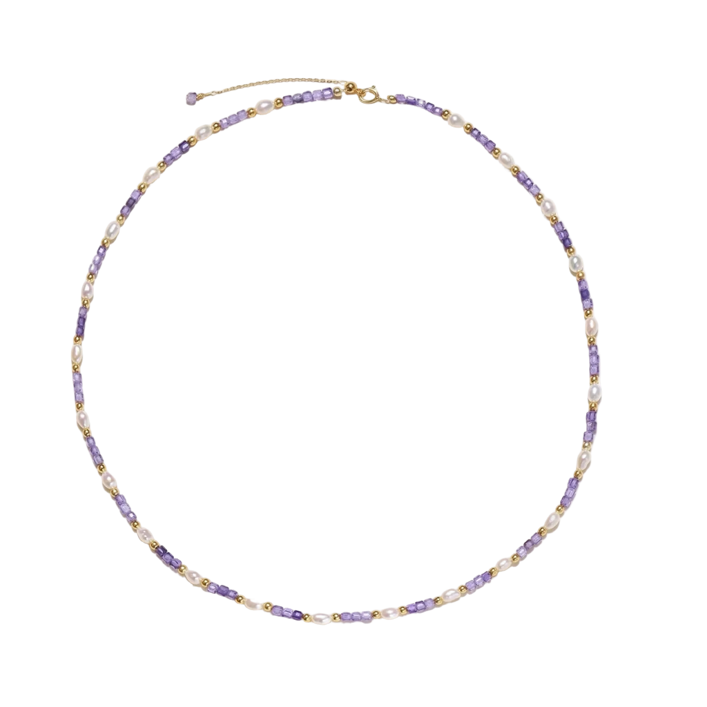 Full view of Ljubica pearl and violet zirconia necklace with gold vermeil beads and an adjustable clasp