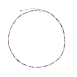 Full view of Ljubica pearl and violet zirconia necklace with gold vermeil beads and an adjustable clasp