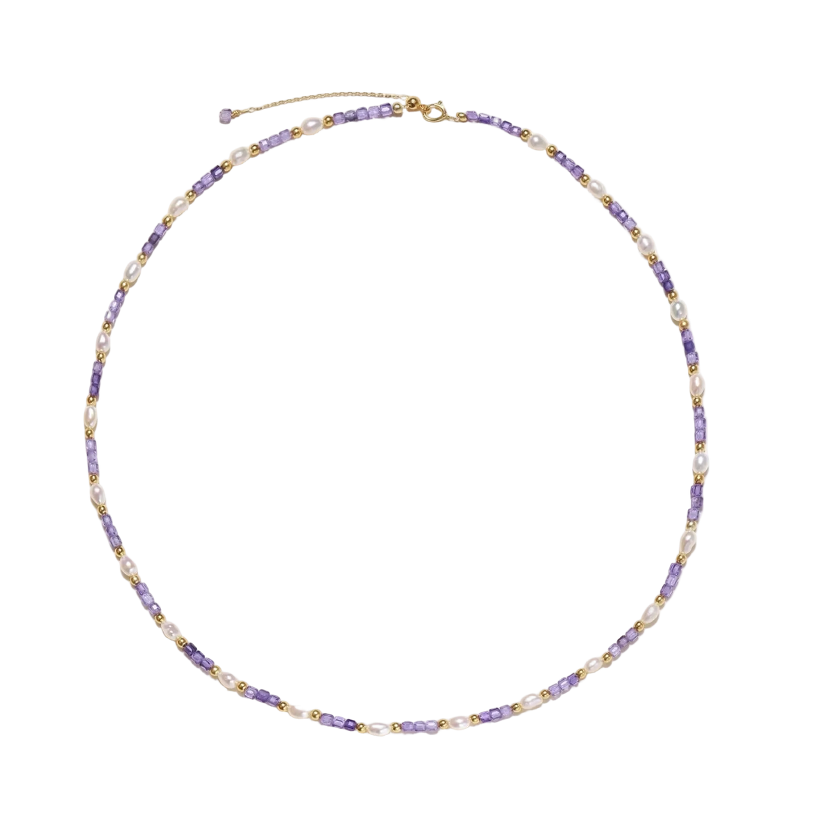 Full view of Ljubica pearl and violet zirconia necklace with gold vermeil beads and an adjustable clasp