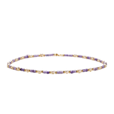 Low-angle view of Ljubica necklace with freshwater pearls, violet zirconia cubes and gold vermeil beads