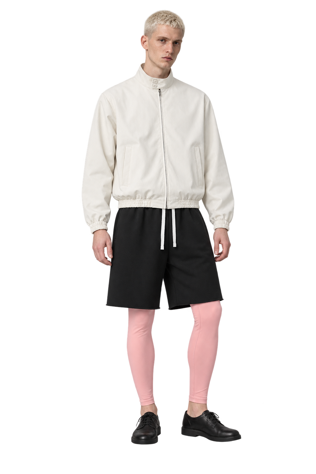 Tenue composée de Transit — Blouson bomber à col montant / Chalk et Blockline — Short épais à bords francs / Core; Keystone — Legging taille haute / Soft Light