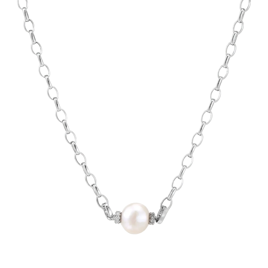 Mira necklace front detail with a single freshwater pearl and pavé rondelles on a sterling silver oval-link chain