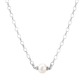 Mira necklace front detail with a single freshwater pearl and pavé rondelles on a sterling silver oval-link chain