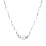 Mira necklace front detail with a single freshwater pearl and pavé rondelles on a sterling silver oval-link chain