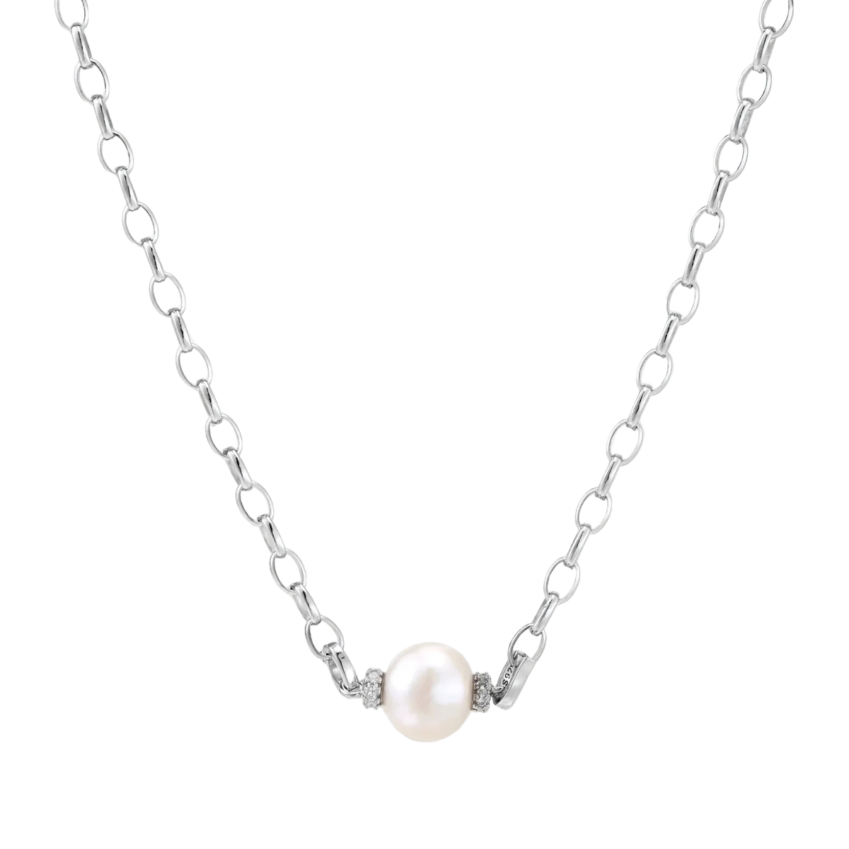 Mira necklace front detail with a single freshwater pearl and pavé rondelles on a sterling silver oval-link chain