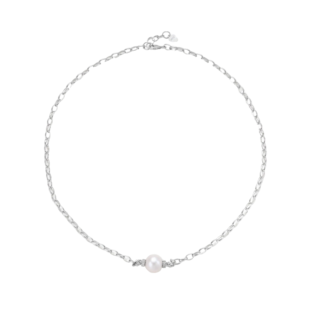Full view of Mira sterling silver chain necklace with a freshwater pearl and adjustable clasp