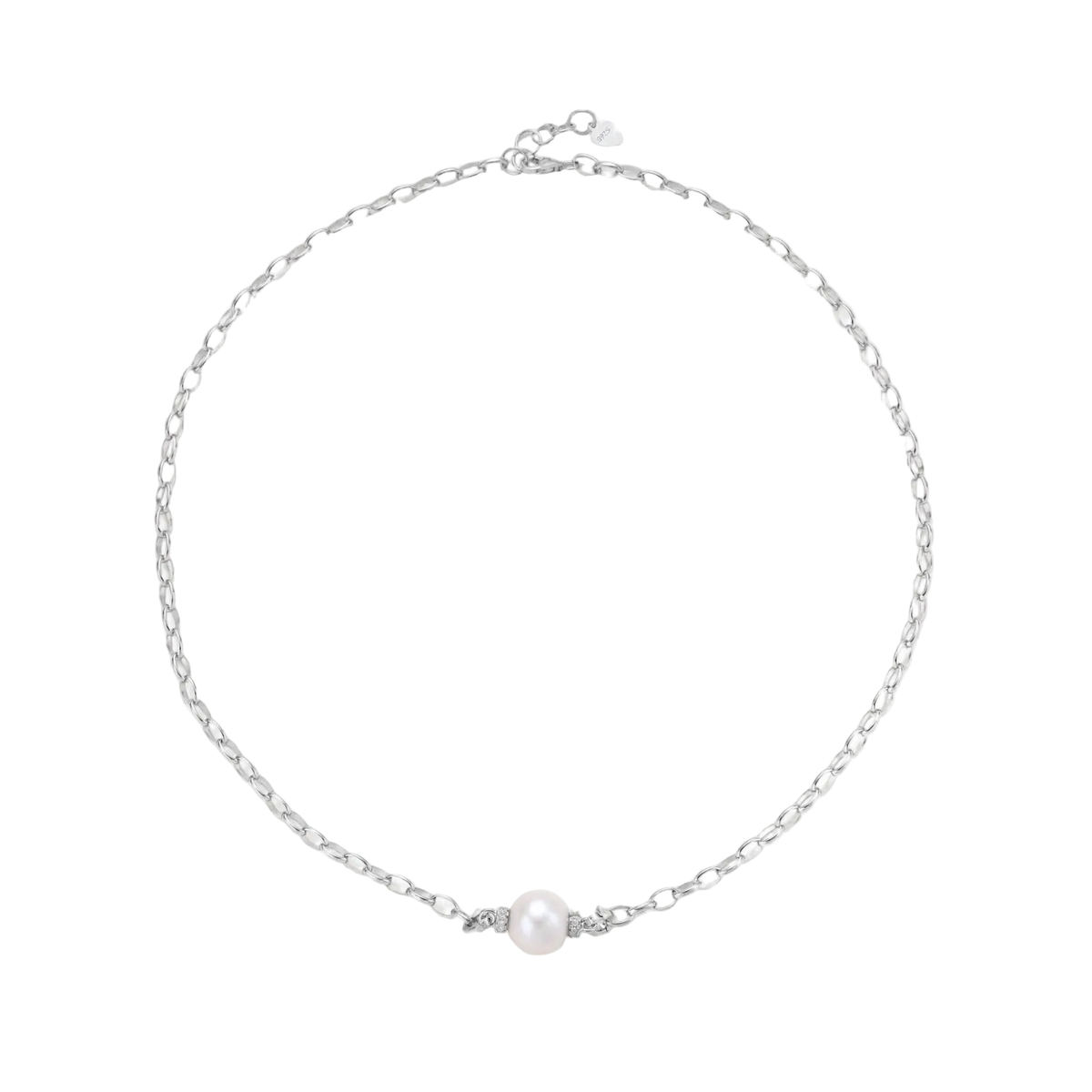 Full view of Mira sterling silver chain necklace with a freshwater pearl and adjustable clasp
