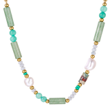 Morana Necklace by MIROLYUB: close-up of green quartz, aqua beads, baroque pearls and gold spacers.
