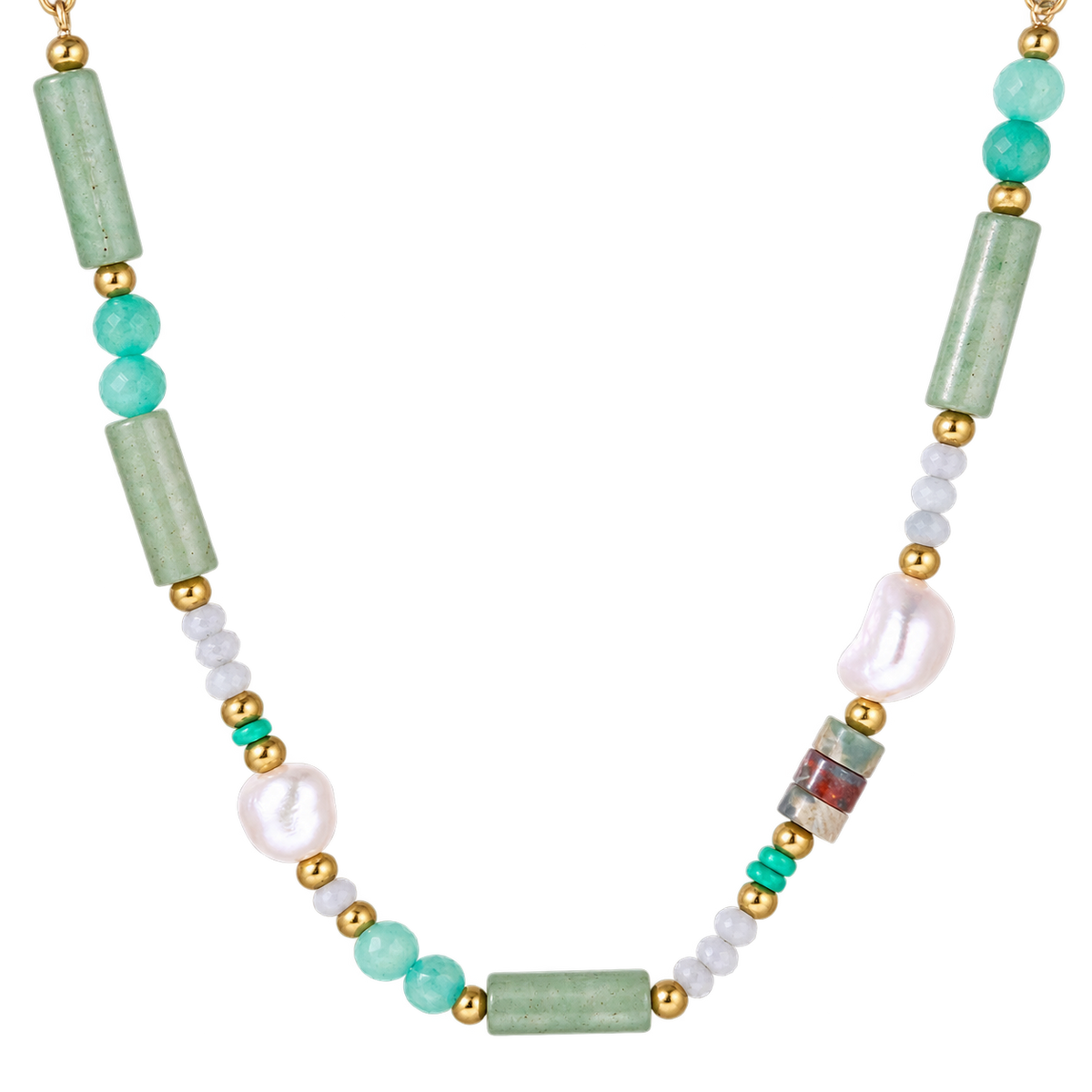 Morana Necklace by MIROLYUB: close-up of green quartz, aqua beads, baroque pearls and gold spacers.