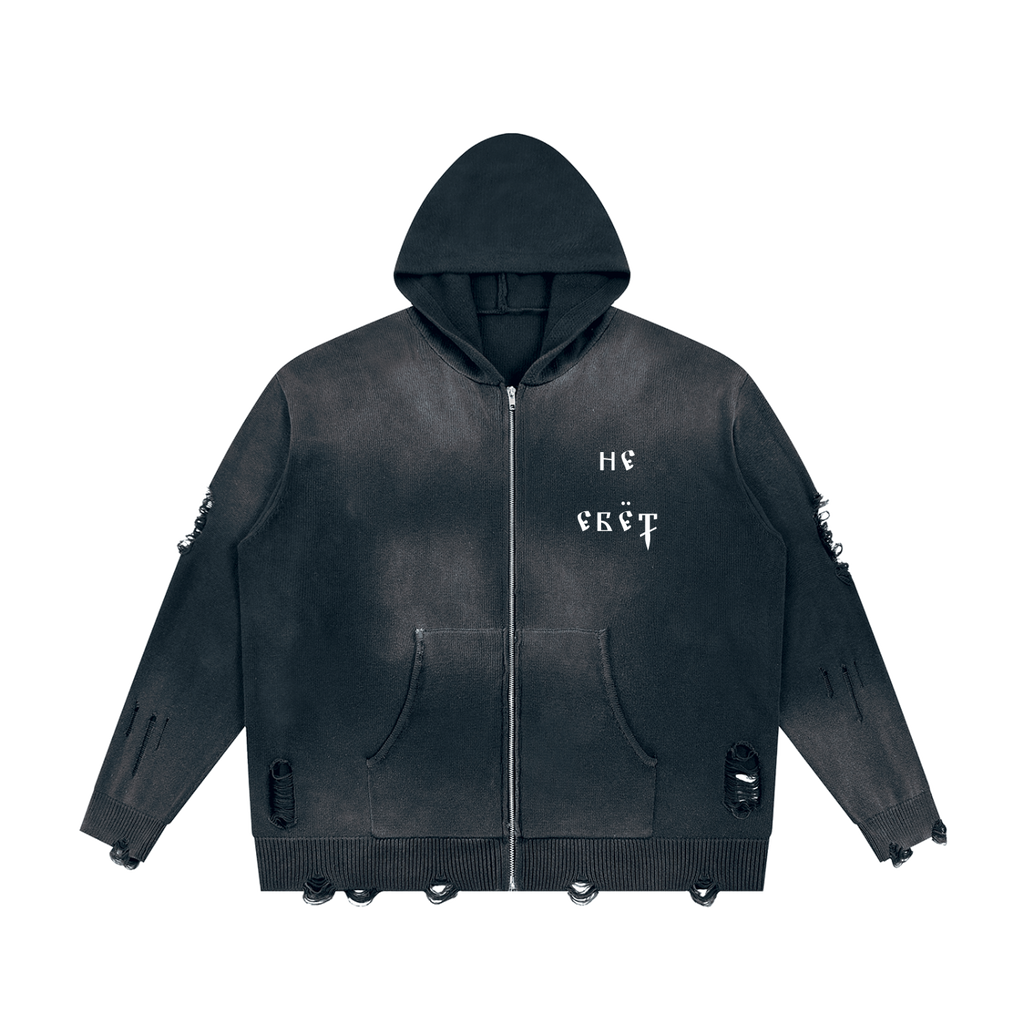 Ne Yebyot — Distressed Zip Knit by MIROLYUB – MIROLYUB New York streetwear knit sweater, streetwear gift for him