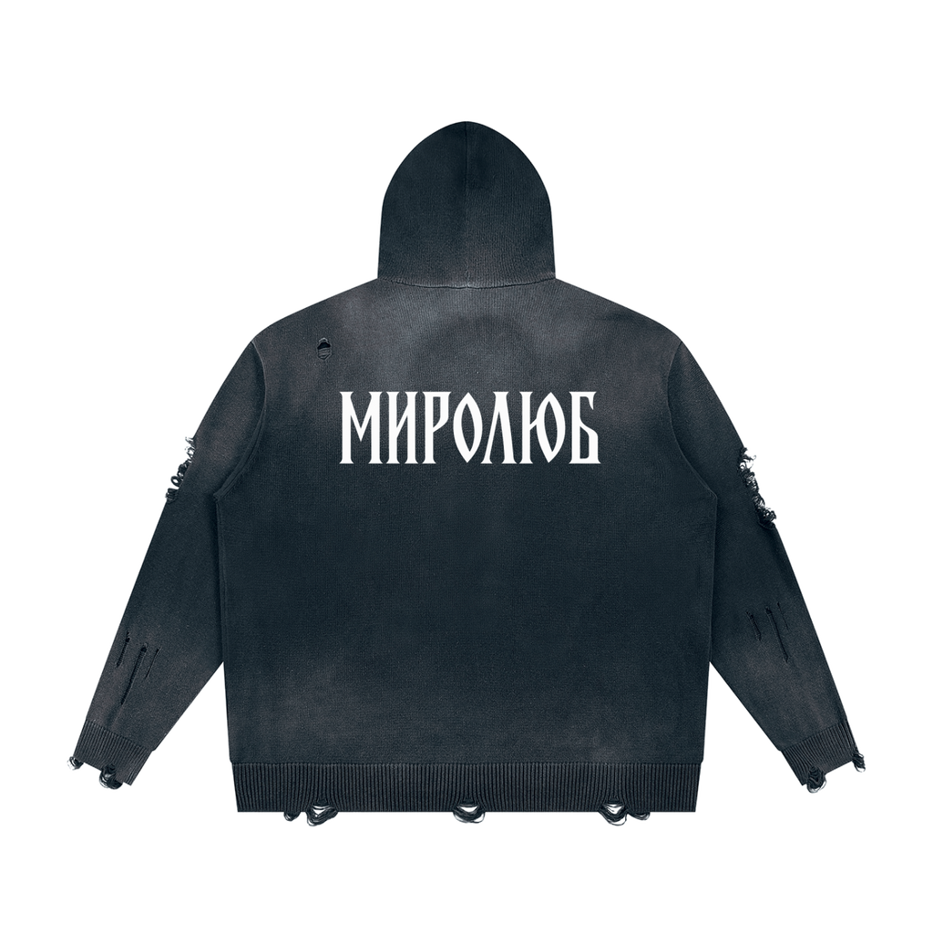 Ne Yebyot — Distressed Zip Knit by MIROLYUB – MIROLYUB New York streetwear knit sweater, streetwear gift for him