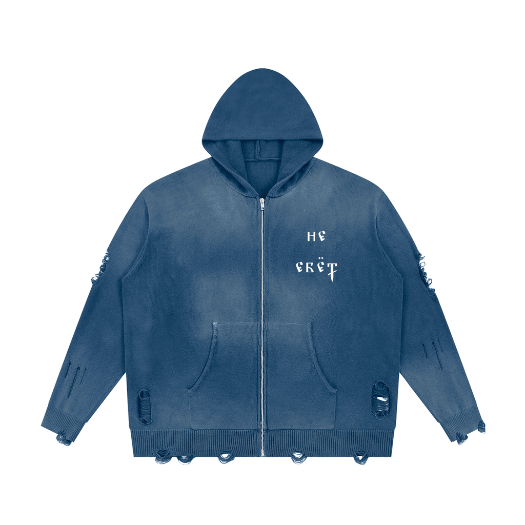 Ne Yebyot — Distressed Zip Knit by MIROLYUB – MIROLYUB New York streetwear knit sweater, streetwear gift for him