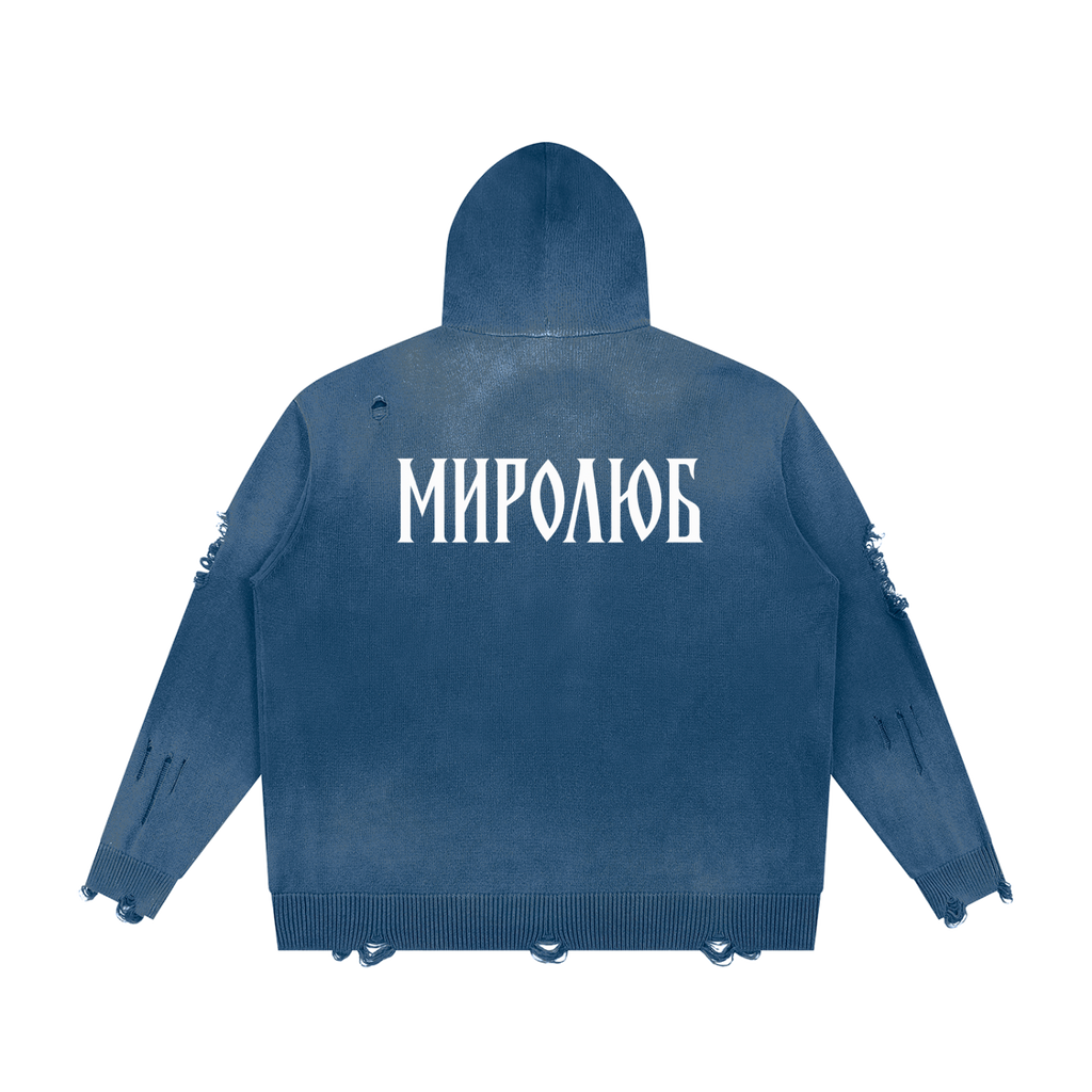 Ne Yebyot — Distressed Zip Knit by MIROLYUB – MIROLYUB New York streetwear knit sweater, streetwear gift for him