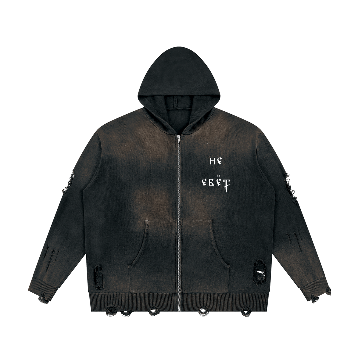 Ne Yebyot — Distressed Zip Knit by MIROLYUB – MIROLYUB New York streetwear knit sweater, streetwear gift for him