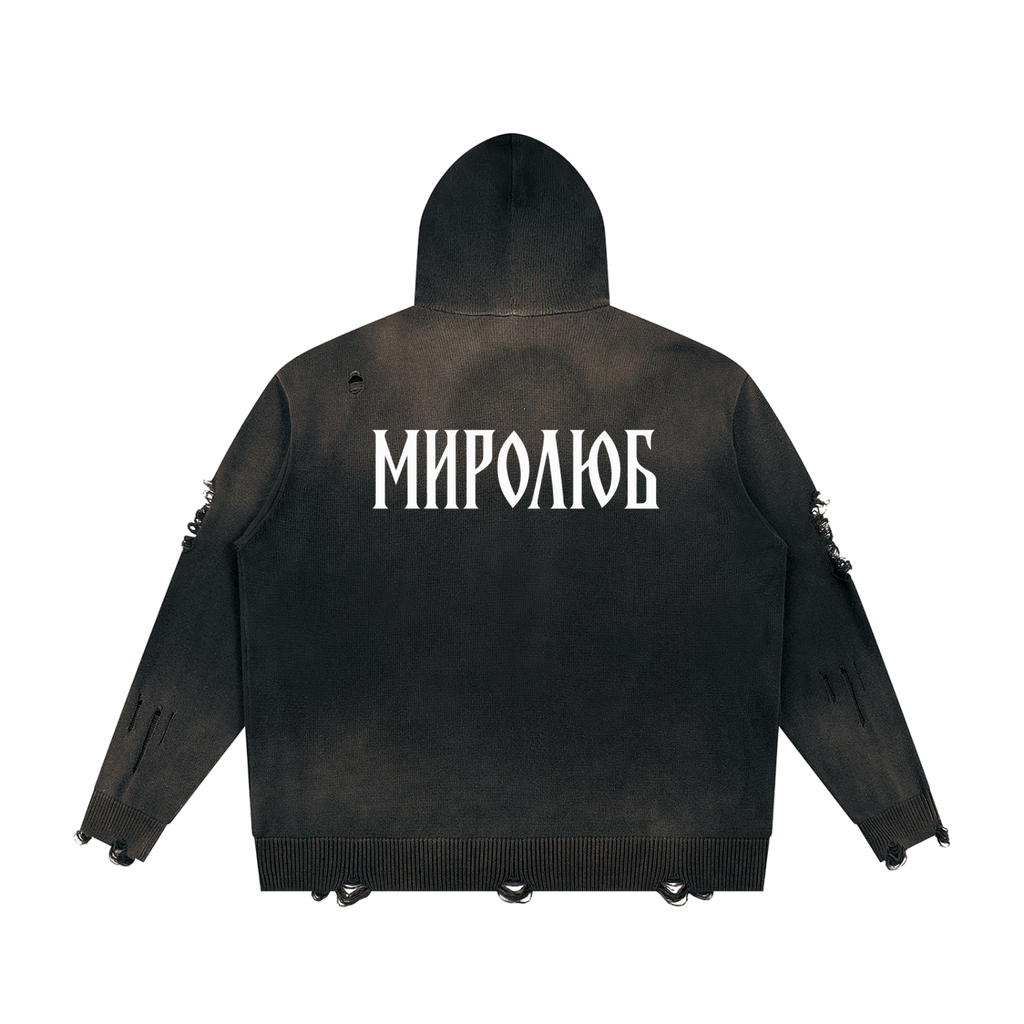 Ne Yebyot — Distressed Zip Knit by MIROLYUB – MIROLYUB New York streetwear knit sweater, streetwear gift for him