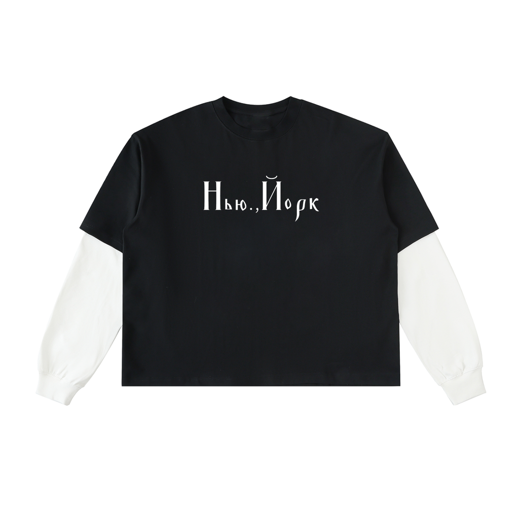 Front view of black layered-sleeve cotton tee with white sleeves and Cyrillic New York lettering