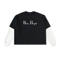 Front view of black layered-sleeve cotton tee with white sleeves and Cyrillic New York lettering