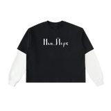 Front view of black layered-sleeve cotton tee with white sleeves and Cyrillic New York lettering