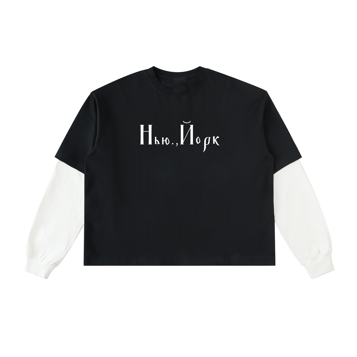 Front view of black layered-sleeve cotton tee with white sleeves and Cyrillic New York lettering