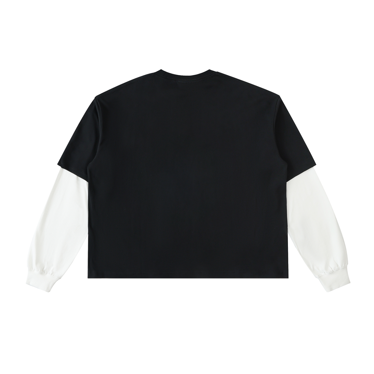 Back view of black layered-sleeve cotton tee with white contrast sleeves