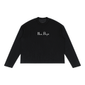 Front view of black raw-edge long sleeve with white New York Cyrillic lettering
