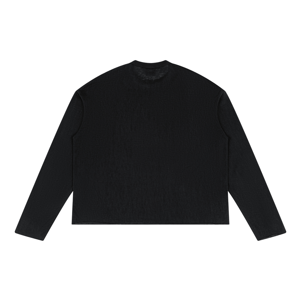 Back view of plain black raw-edge long sleeve