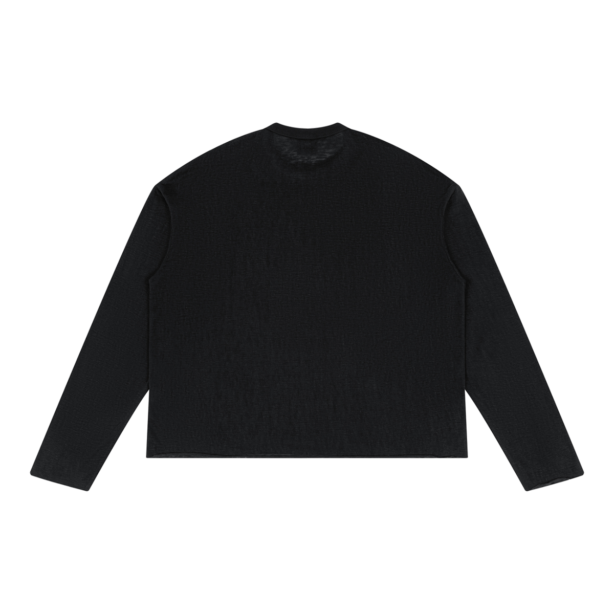 Back view of plain black raw-edge long sleeve