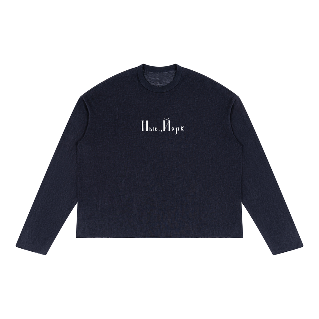Front view of navy blue raw-edge long sleeve with white New York Cyrillic lettering